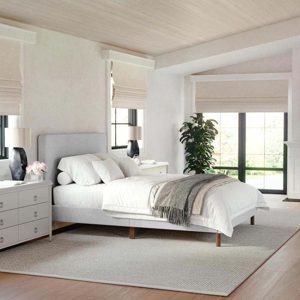 image:imageMartha Stewart Britta Platform Bed with Headboard amp Footboard Faux Linen Upholstery with Piping Detail Rounded Headboard No Box Spring Needed Queen BeigeGray FabricWalnut Legs