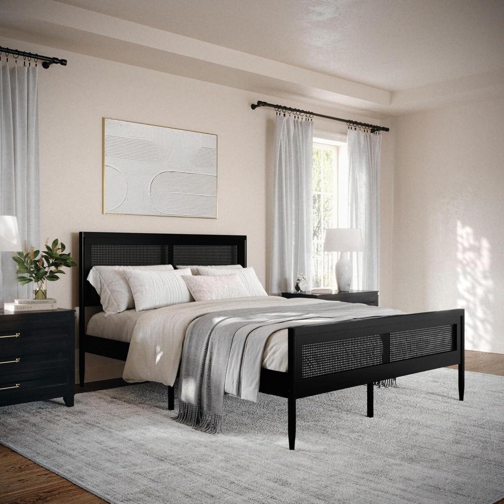 image:imageMartha Stewart Jax Platform Bed with Rattan Headboard and Footboard Solid Wood Frame Wooden Support Slats No Box Spring Needed Queen Size Brown GrayBlack