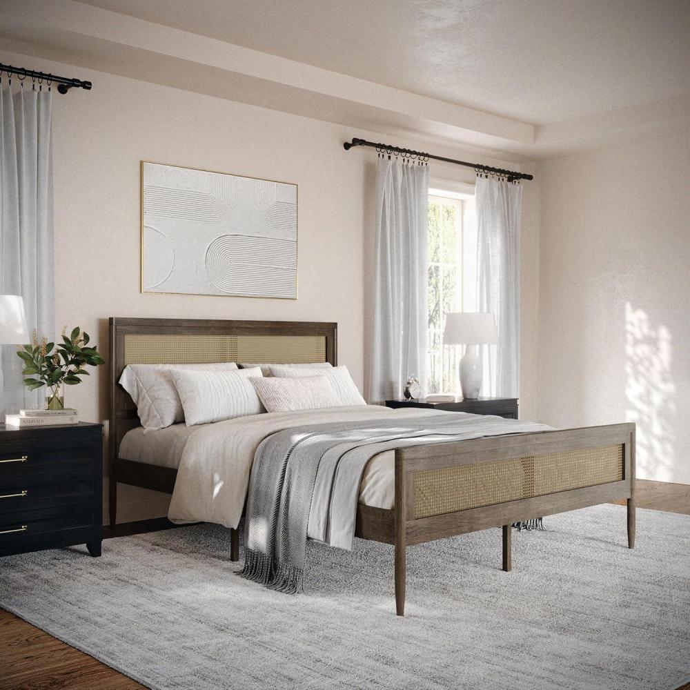 image:imageMartha Stewart Jax Platform Bed with Rattan Headboard and Footboard Solid Wood Frame Wooden Support Slats No Box Spring Needed Queen Size Brown GrayBrown Gray
