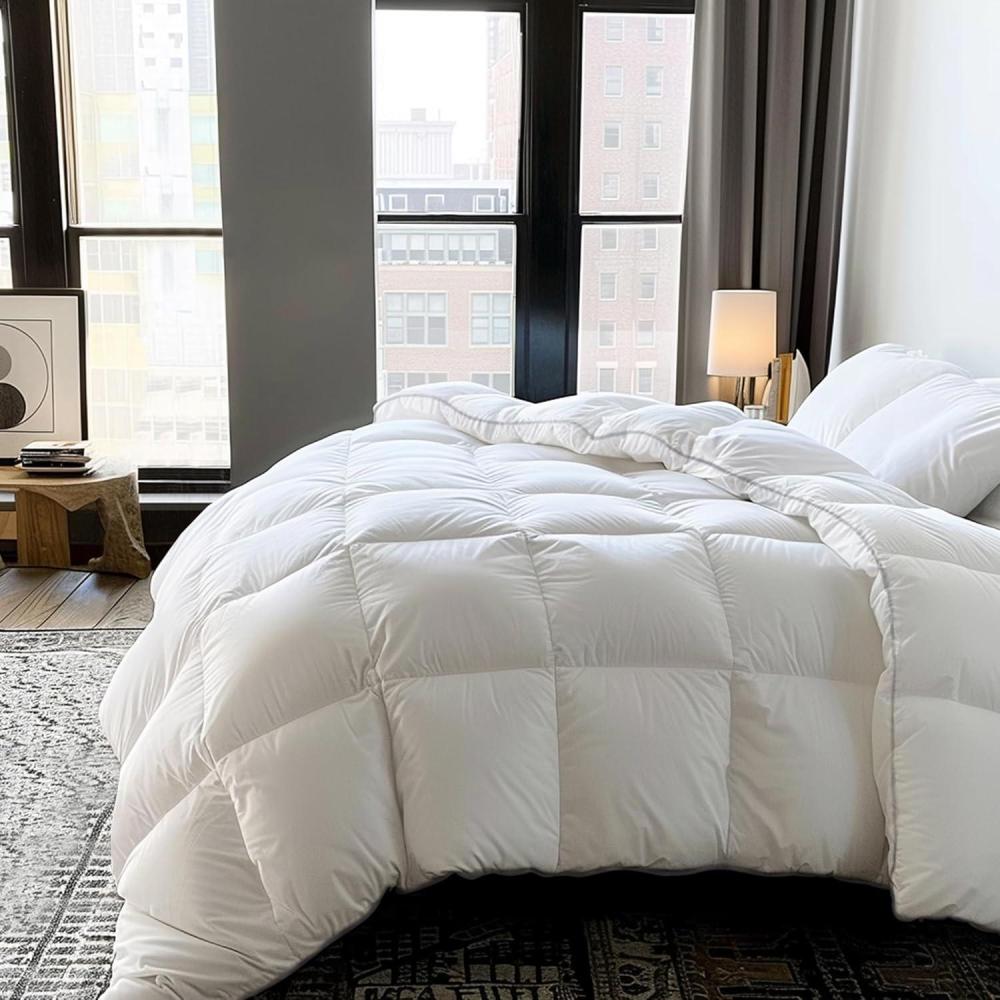 image:imageWhite Feather and Down Comforter Queen Size Luxury All Season with 100 Cotton Fabric Duvet Insert with 4 Corner Loops 240 Thread Count Hotel Comforter Bedding for YearAround 90 x 90White