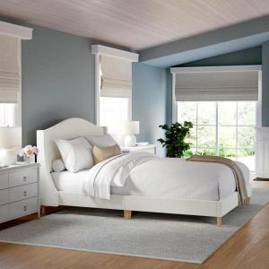 Martha Stewart Amelia Platform Bed with Curved Headboard and Cushioned Side Rails, Faux Linen Upholstery, Wood Slat Foundation, No Box Spring Needed, King, Gray(Off-white Boucle/Light Beech Legs)