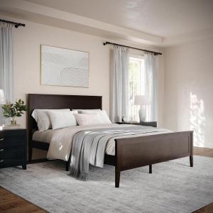 Martha Stewart Corbin Solid Wood Platform Bed with Wooden Headboard and Footboard, Wood Slat Foundation, No Box Spring Needed, King, Brown Gray(Dark Brown)