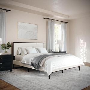Martha Stewart Jett Platform Bed with Headboard, Fabric Upholstered Inset Headboard and Base, Solid Wood Frame, No Box Spring Needed, Queen, Dark Brown/Beige(Beige Fabric/Dark Brown Frame)