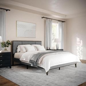 Martha Stewart Jett Platform Bed with Headboard, Fabric Upholstered Inset Headboard and Base, Solid Wood Frame, No Box Spring Needed, Queen, Dark Brown/Beige(Gray Fabric/Brown Gray Frame)
