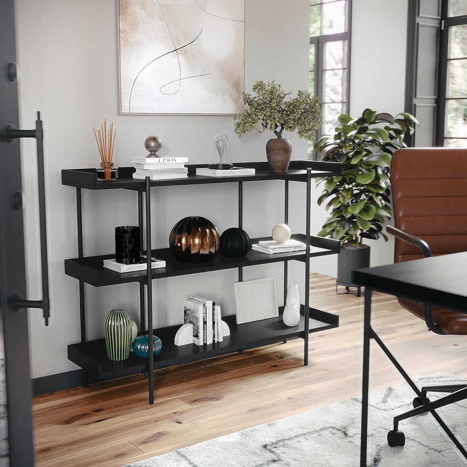 image:imageMartha Stewart Emmett 3 Shelf Bookcase with Vertical Metal Frame Home Office Storage Display Unit 35 H Walnut Wood GrainPolished BrassBlack Wood GrainOil Rubbed Bronze Frame