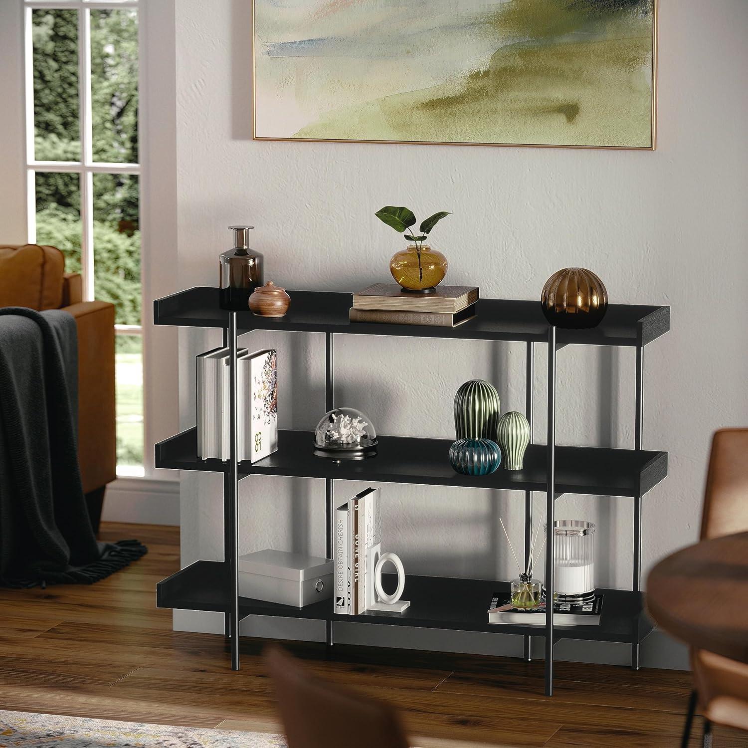 image:imageMartha Stewart Emmett 3 Shelf Bookcase with Vertical Metal Frame Home Office Storage Display Unit 35 H Walnut Wood GrainPolished BrassBlack Wood GrainOil Rubbed Bronze Frame