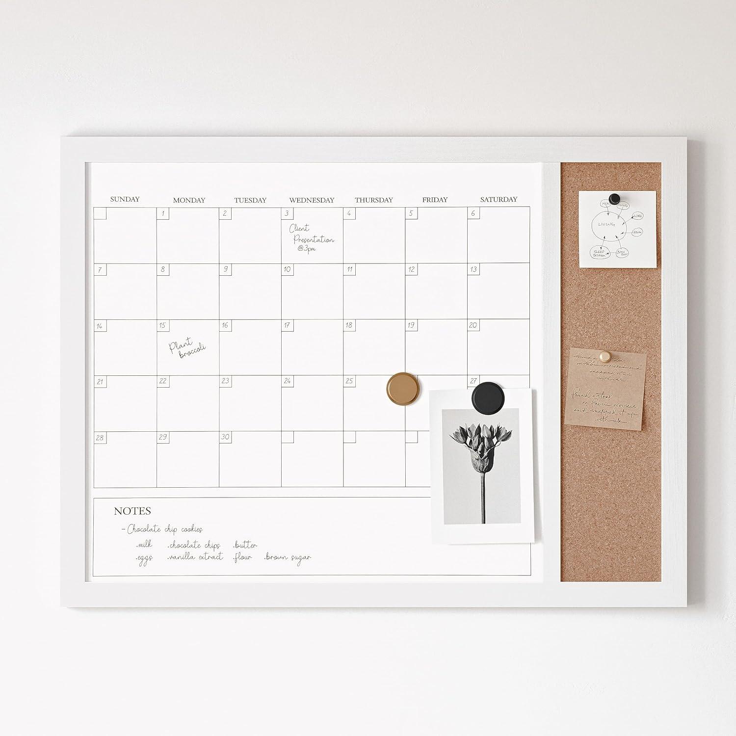image:imageMartha Stewart Everette Magnetic Dry Erase Monthly Calendar and Cork Board Combo with Included Marker Magnets Push Pins 24x18 Light Natural Woodgrain FrameWhite Woodgrain