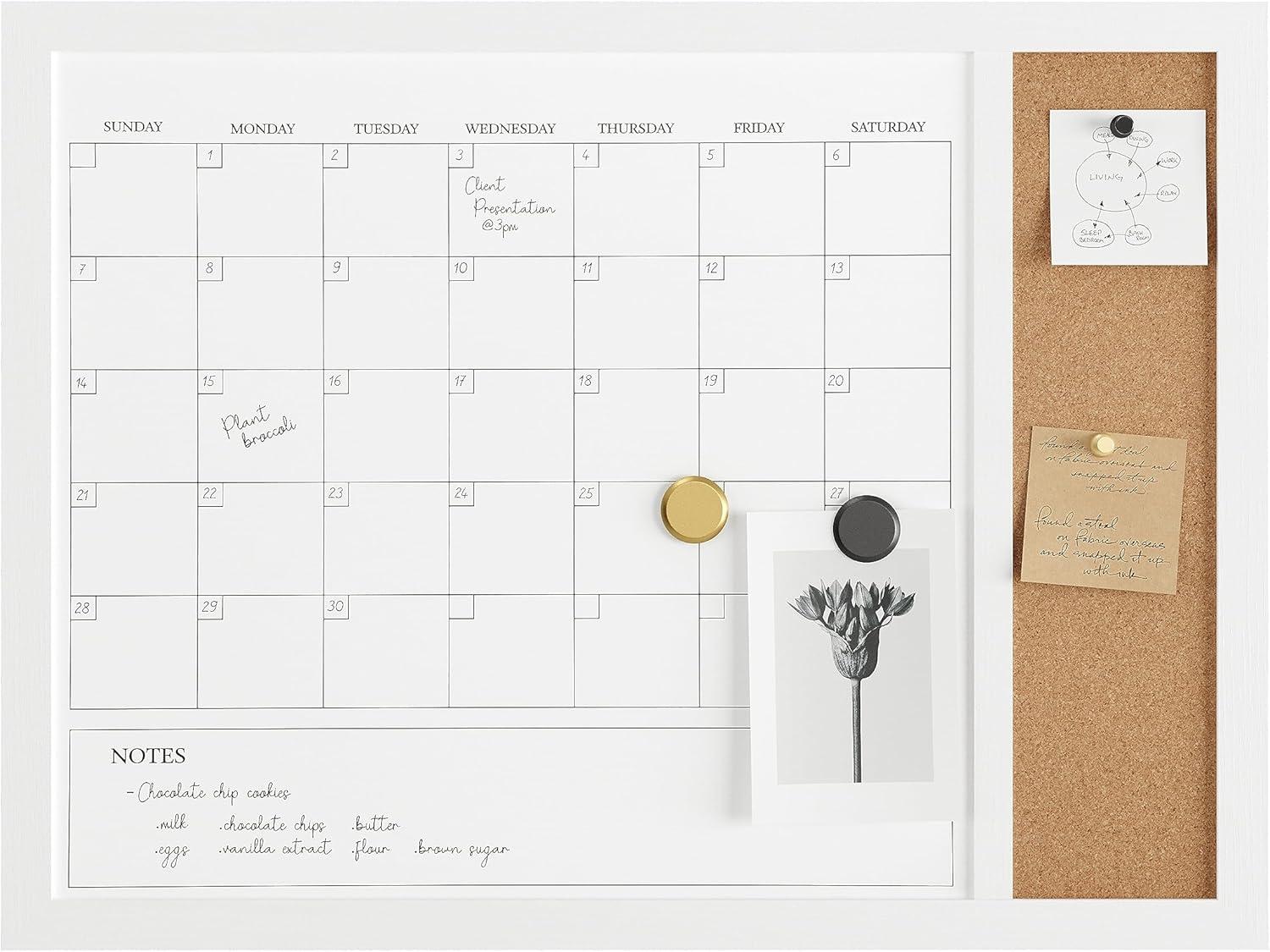 image:imageMartha Stewart Everette Magnetic Dry Erase Monthly Calendar and Cork Board Combo with Included Marker Magnets Push Pins 24x18 Light Natural Woodgrain FrameWhite Woodgrain
