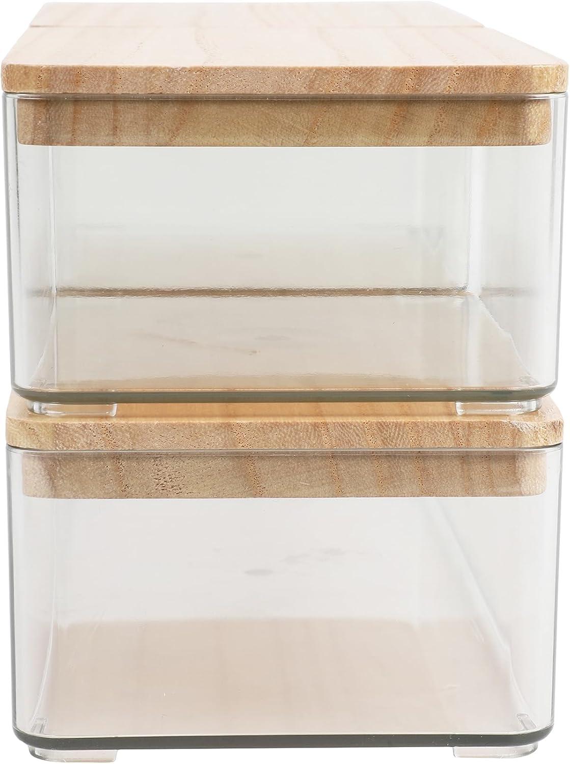 image:imageMartha Stewart Grady Clear Plastic Stackable Storage Boxes with White Engineered Wood Lids Set of 3ClearLight Natural Paulownia Top