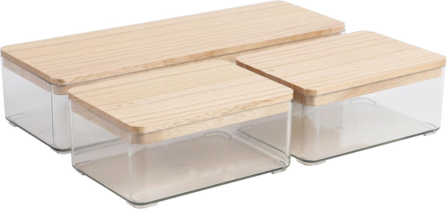 image:imageMartha Stewart Grady Clear Plastic Stackable Storage Boxes with White Engineered Wood Lids Set of 3ClearLight Natural Paulownia Top