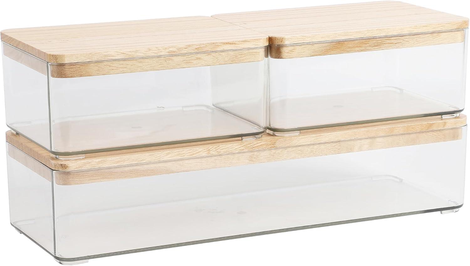 image:imageMartha Stewart Grady Clear Plastic Stackable Storage Boxes with White Engineered Wood Lids Set of 3ClearLight Natural Paulownia Top