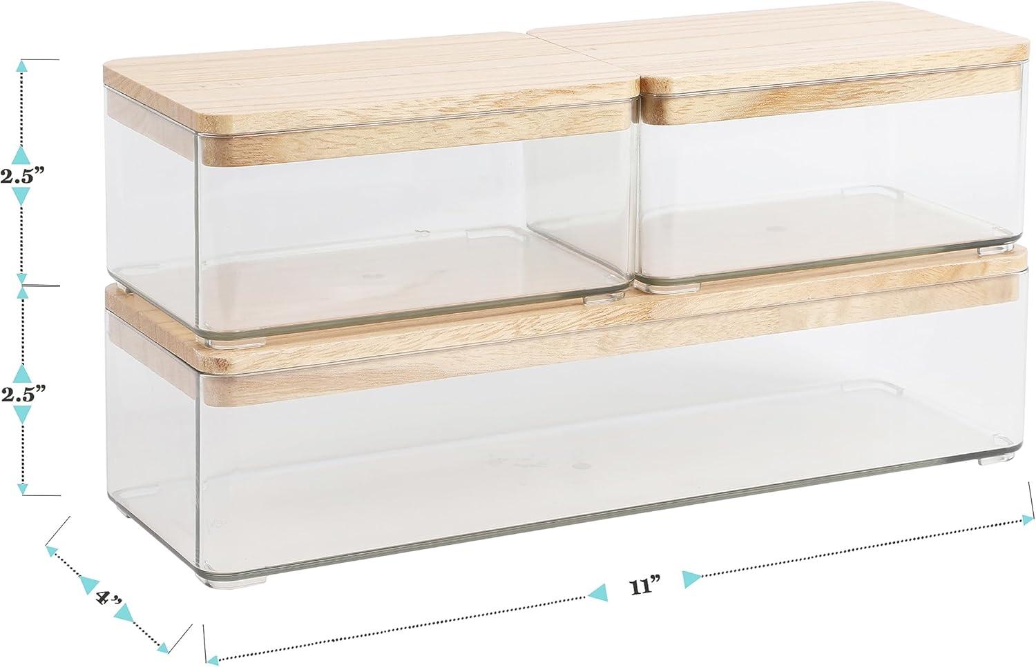 image:imageMartha Stewart Grady Clear Plastic Stackable Storage Boxes with White Engineered Wood Lids Set of 3ClearLight Natural Paulownia Top
