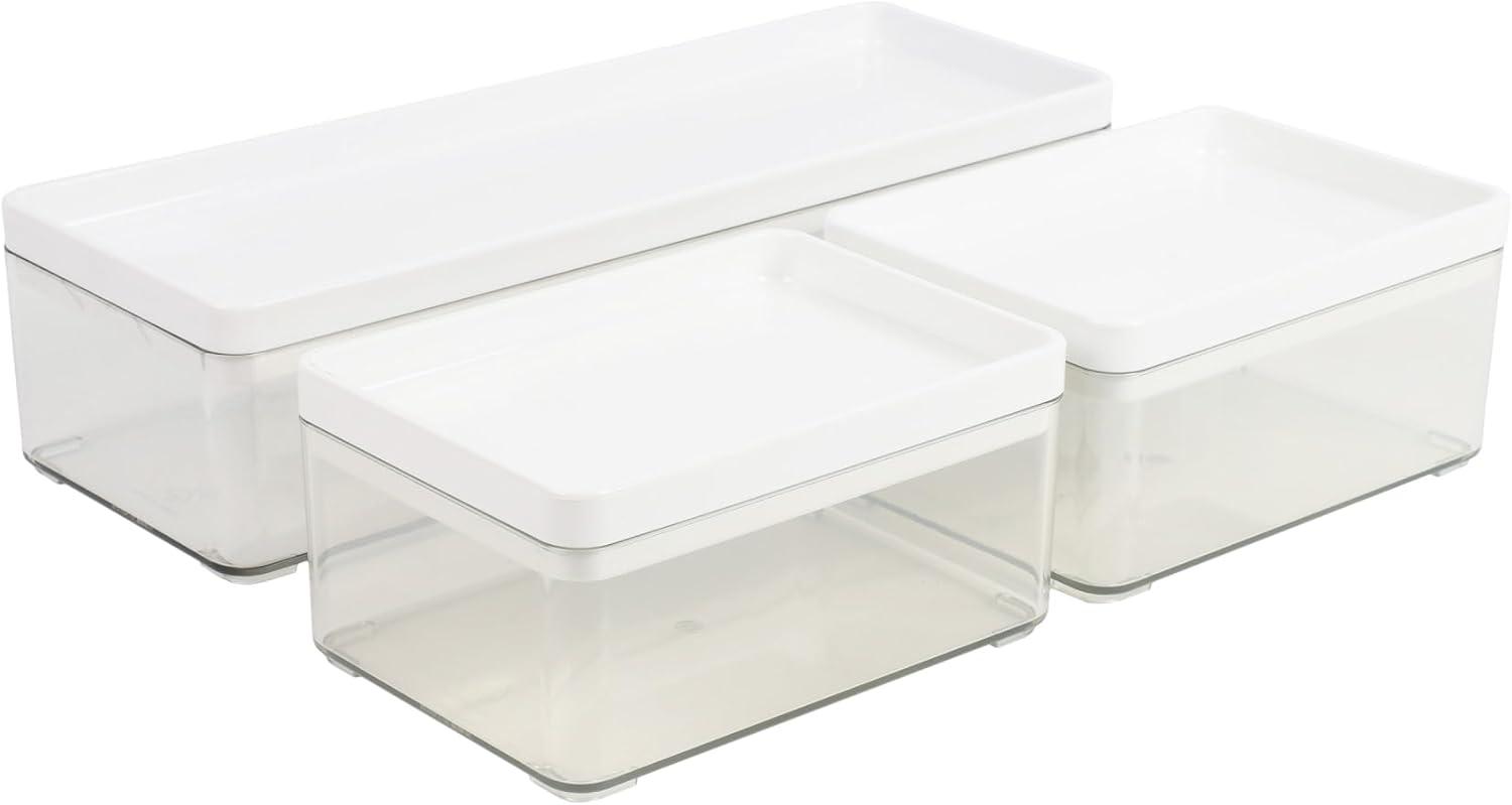 image:imageMartha Stewart Grady Clear Plastic Stackable Storage Boxes with White Engineered Wood Lids Set of 3ClearWhite Plastic Top