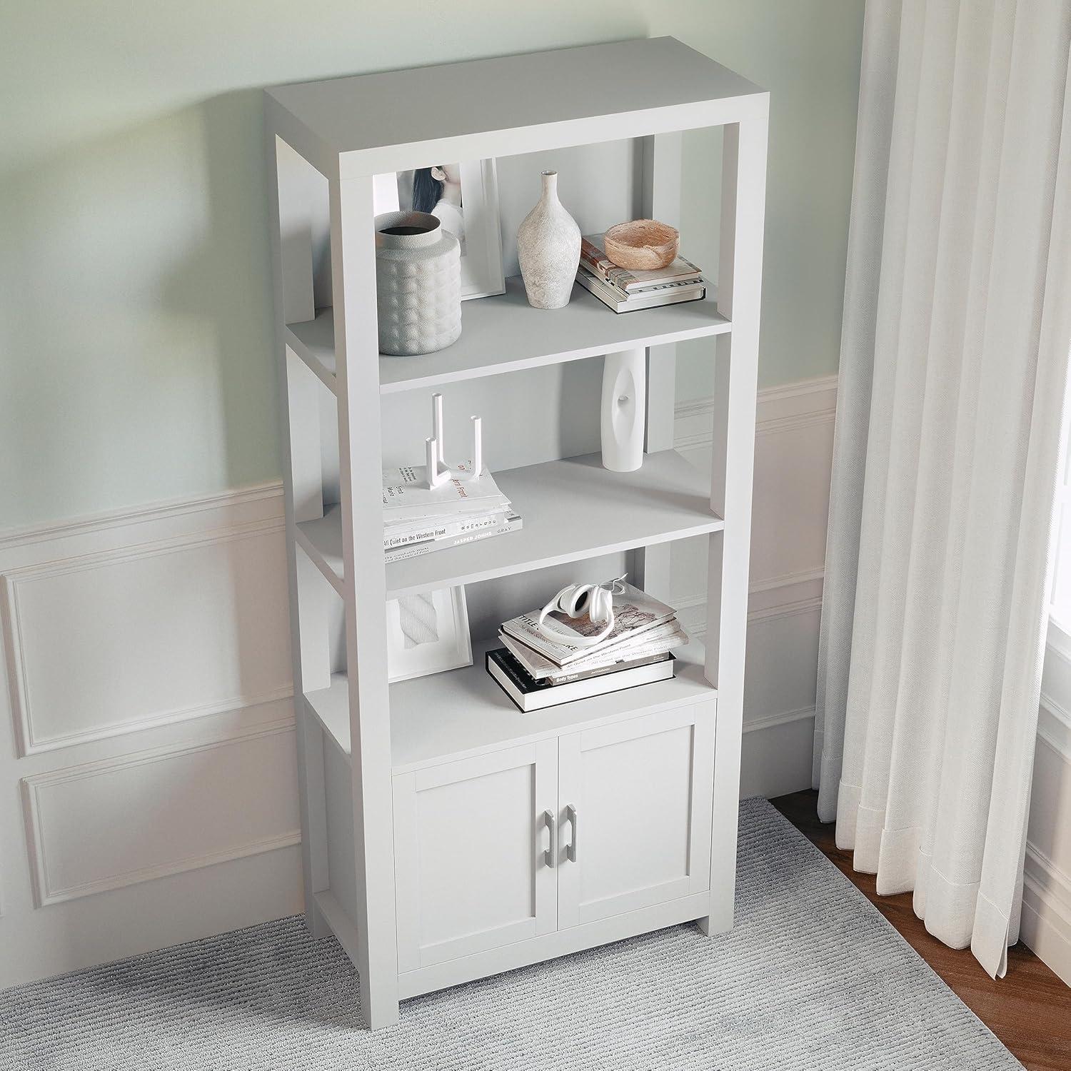 image:imageMartha Stewart Hutton Four Tier Shaker Bookcase with Storage Cabinet in White with Polished Brass HardwareGray FrameBrushed Nickel Hardware