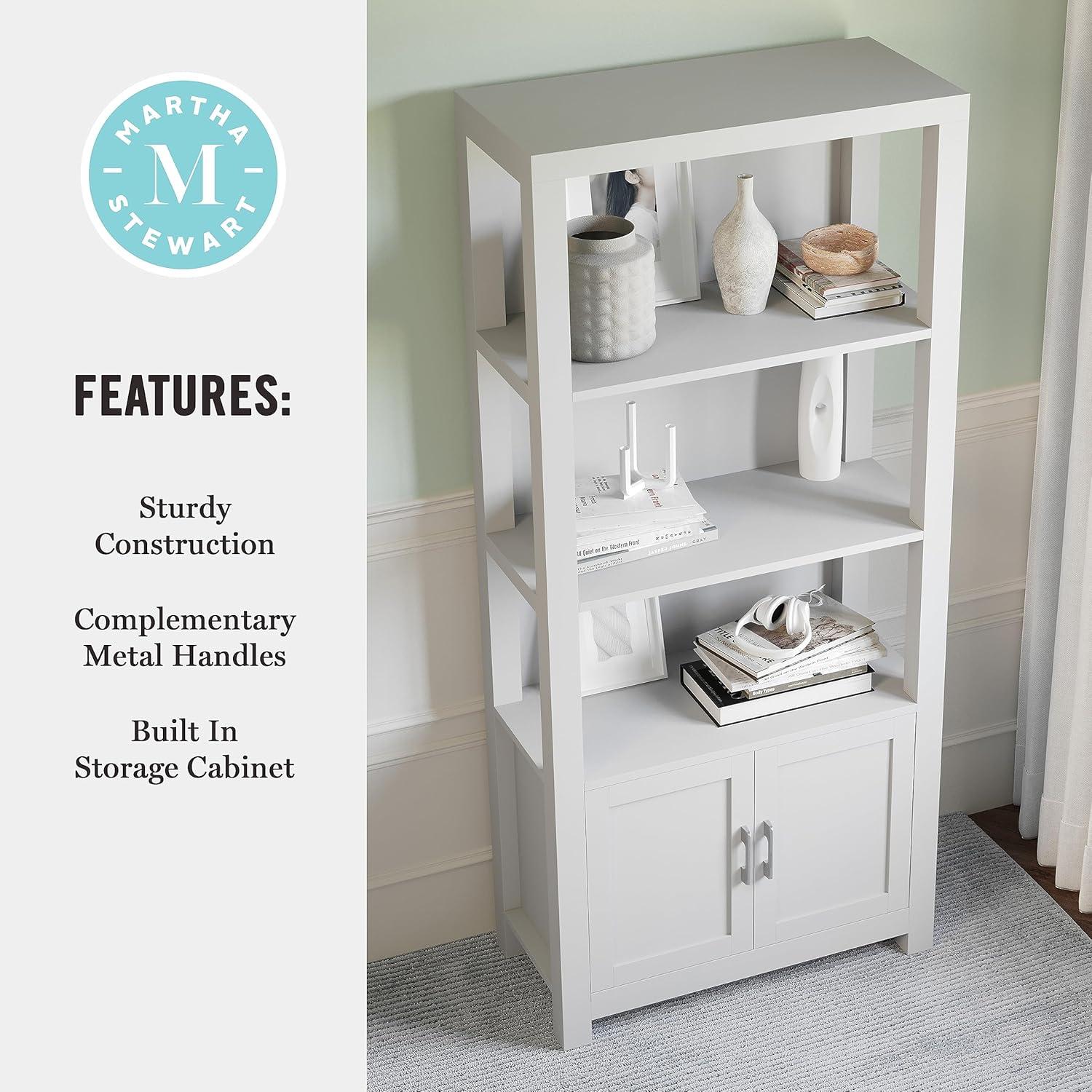 image:imageMartha Stewart Hutton Four Tier Shaker Bookcase with Storage Cabinet in White with Polished Brass HardwareGray FrameBrushed Nickel Hardware
