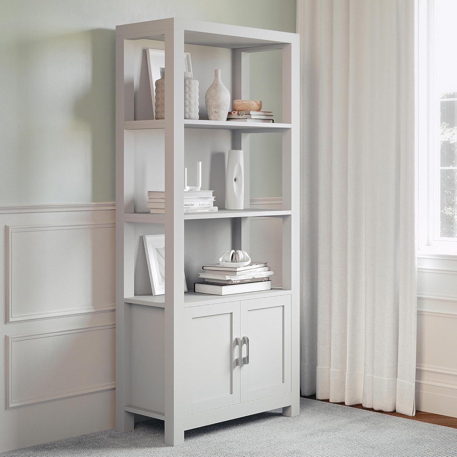 image:imageMartha Stewart Hutton Four Tier Shaker Bookcase with Storage Cabinet in White with Polished Brass HardwareGray FrameBrushed Nickel Hardware