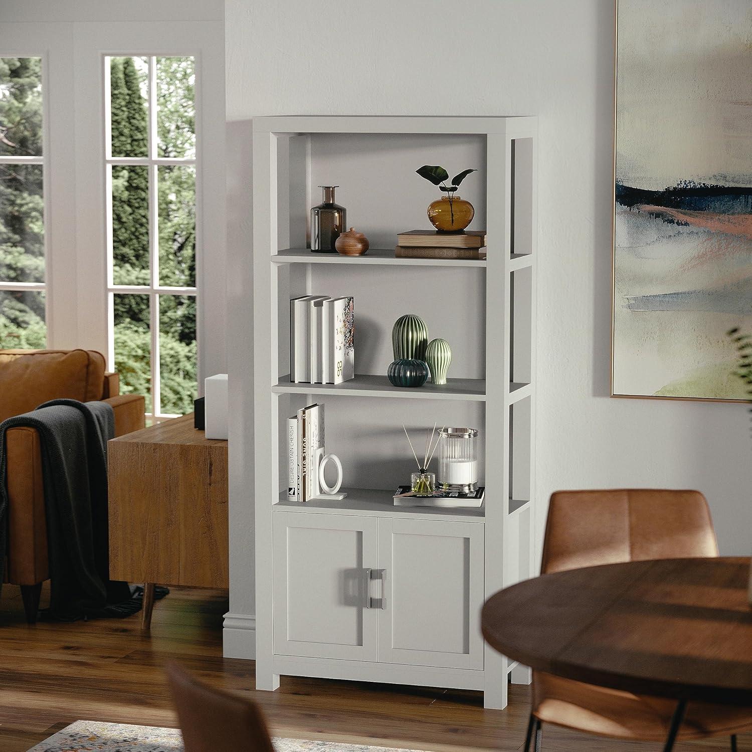 image:imageMartha Stewart Hutton Four Tier Shaker Bookcase with Storage Cabinet in White with Polished Brass HardwareGray FrameBrushed Nickel Hardware