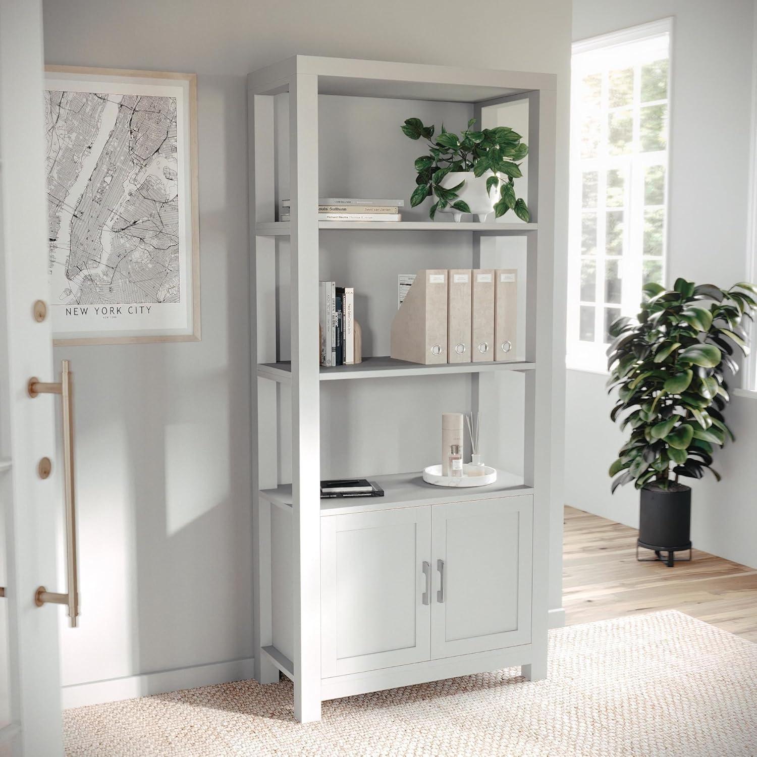 image:imageMartha Stewart Hutton Four Tier Shaker Bookcase with Storage Cabinet in White with Polished Brass HardwareGray FrameOil Rubbed Bronze Hardware