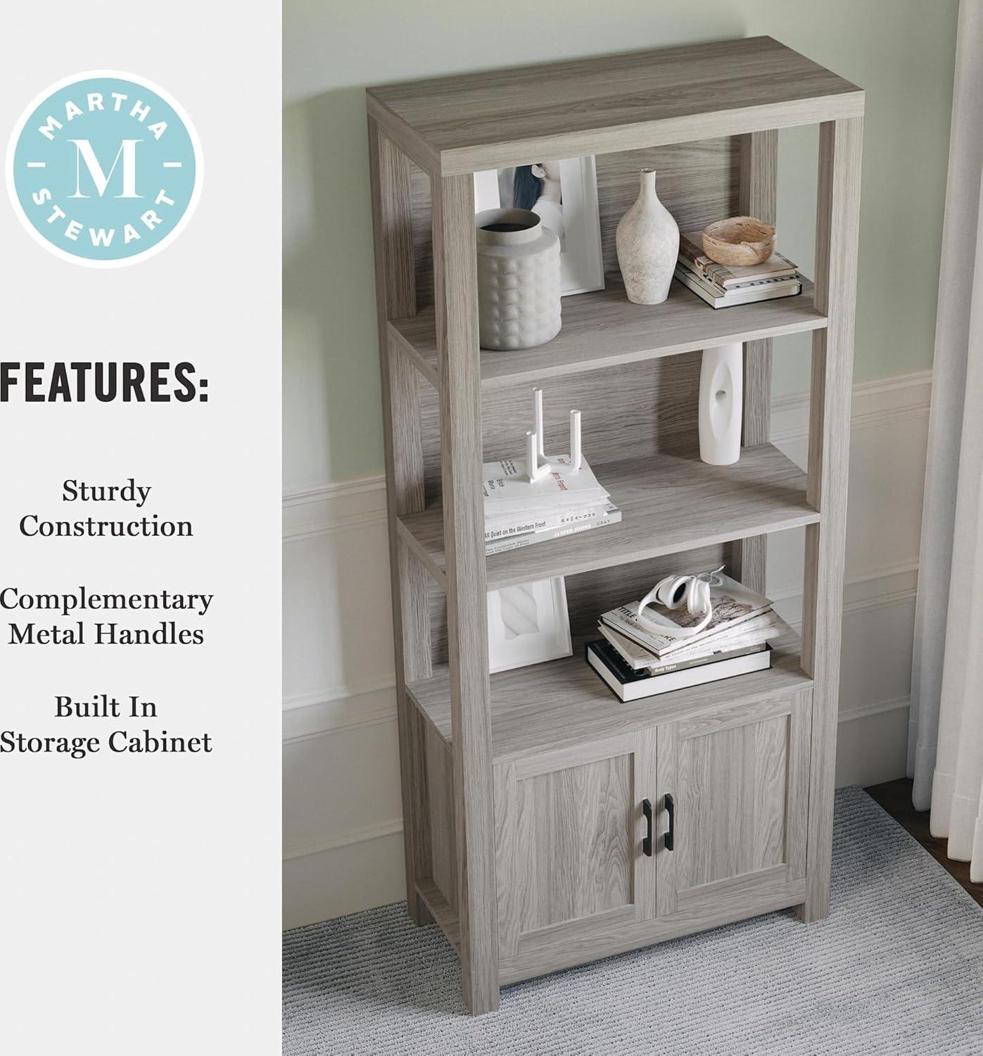 image:imageMartha Stewart Hutton Four Tier Shaker Bookcase with Storage Cabinet in White with Polished Brass HardwareGray FrameOil Rubbed Bronze Hardware