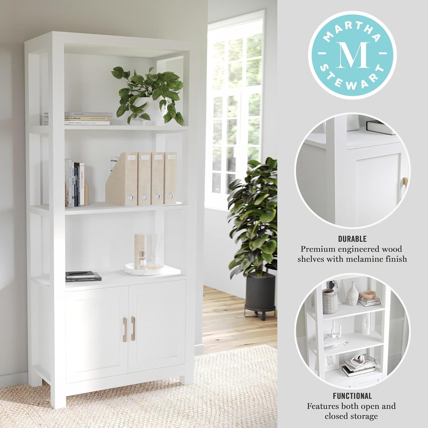 image:imageMartha Stewart Hutton Four Tier Shaker Bookcase with Storage Cabinet in White with Polished Brass HardwareGray FrameOil Rubbed Bronze Hardware