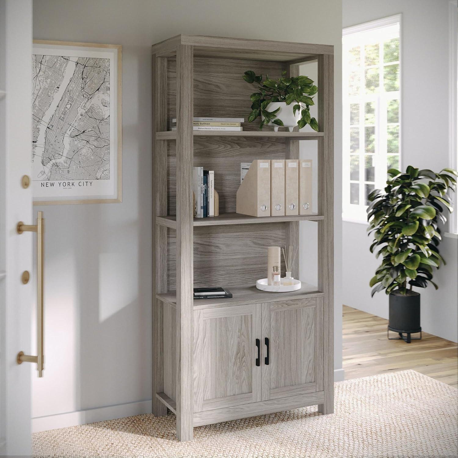 image:imageMartha Stewart Hutton Four Tier Shaker Bookcase with Storage Cabinet in White with Polished Brass HardwareWhite FramePolished Brass Hardware