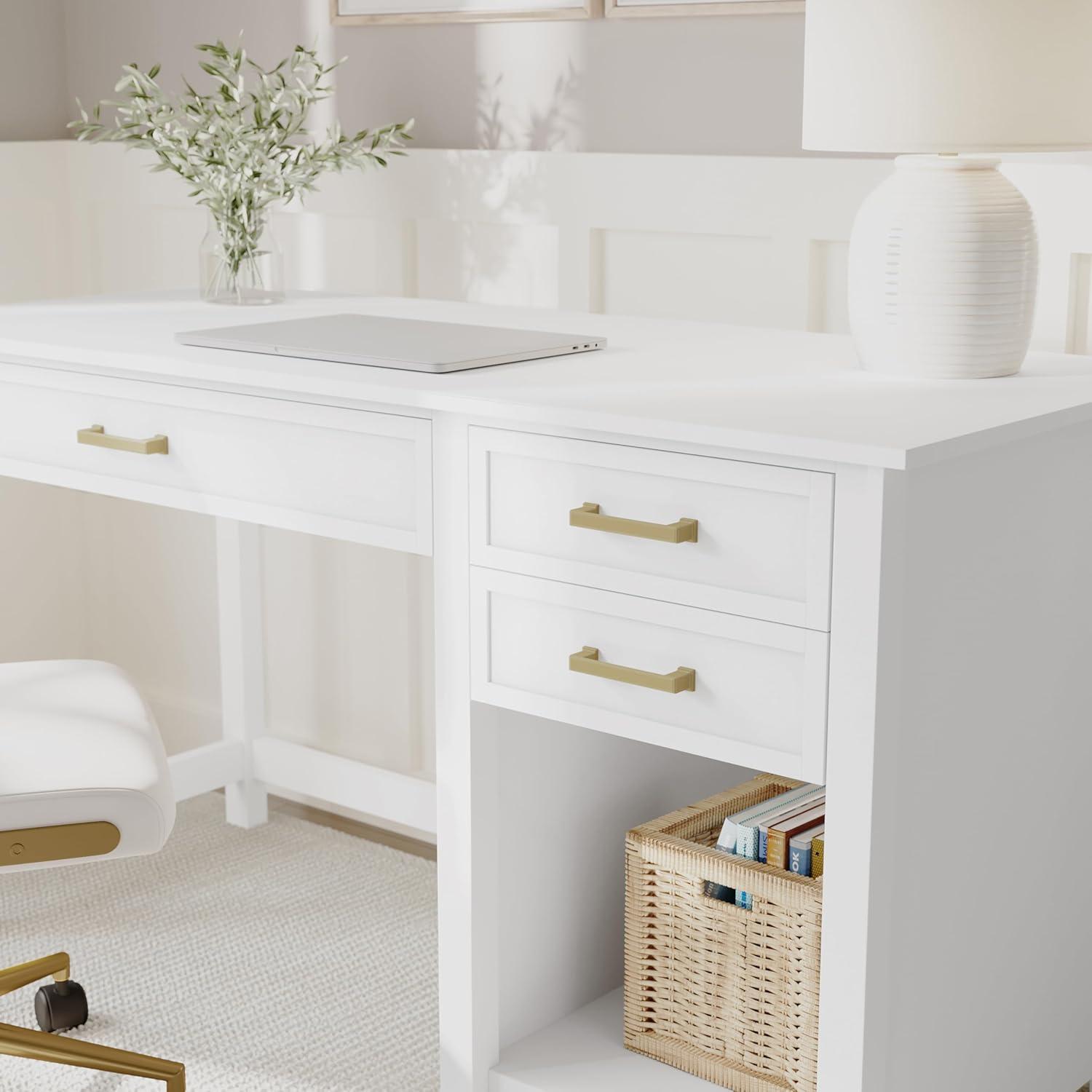 image:imageMartha Stewart Hutton Shaker Style Home Office Desk with 2 Side Drawers in White with Polished Brass Hardware