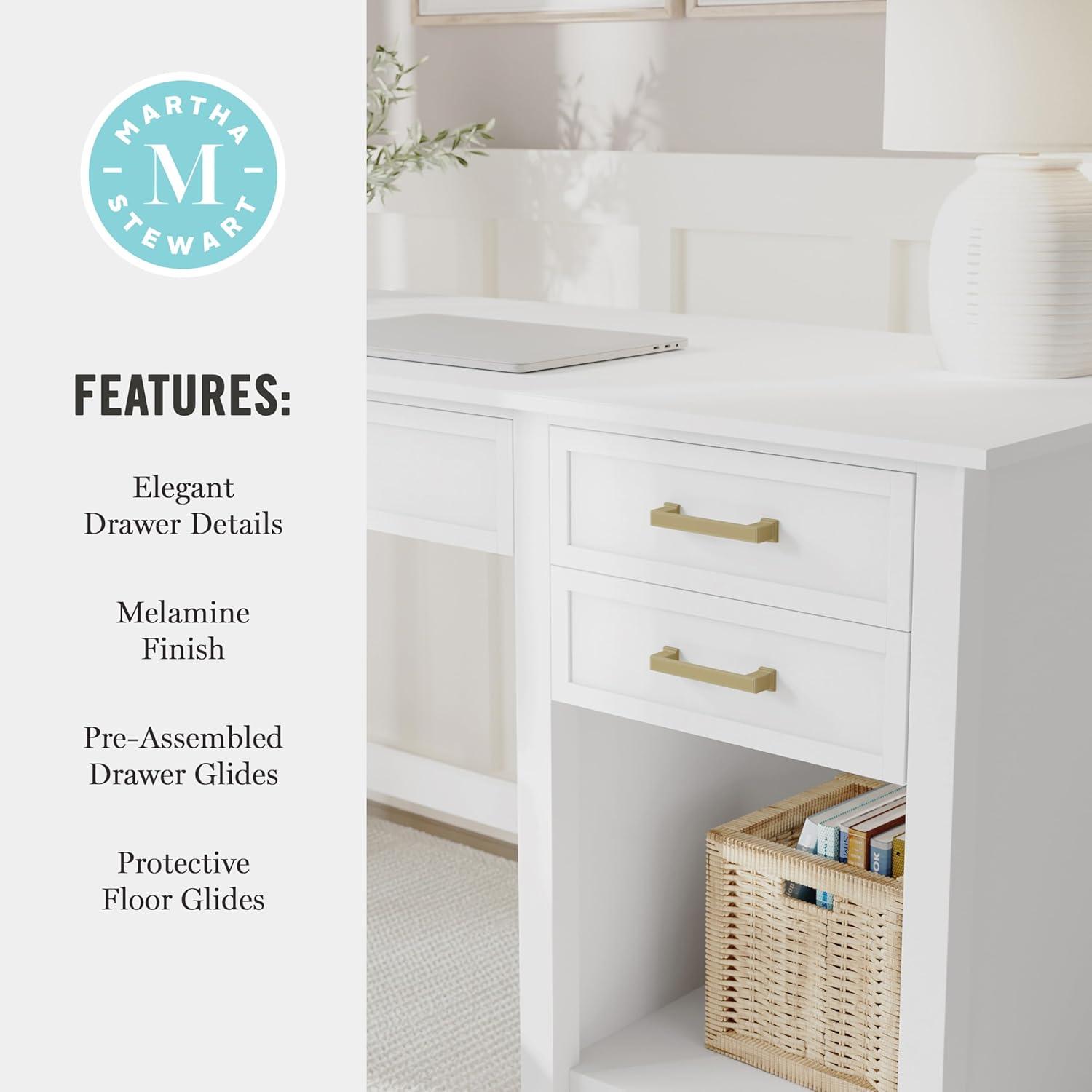 image:imageMartha Stewart Hutton Shaker Style Home Office Desk with 2 Side Drawers in White with Polished Brass Hardware