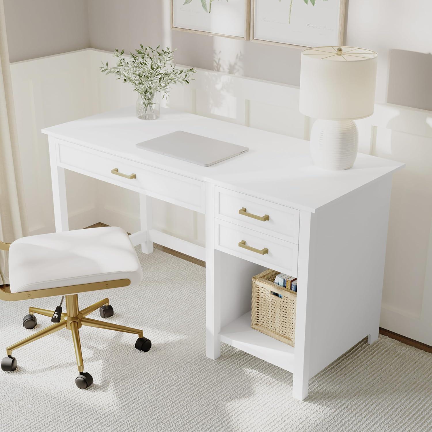 image:imageMartha Stewart Hutton Shaker Style Home Office Desk with 2 Side Drawers in White with Polished Brass Hardware