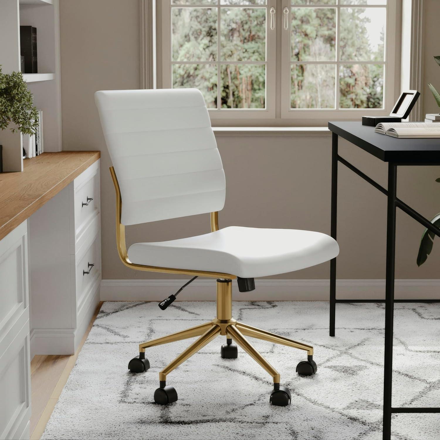 image:imageMartha Stewart Ivy Armless Swivel Task Chair for Home Office in Black Faux Leather with Polished Brass FrameWhite Faux LeatherPolished Brass