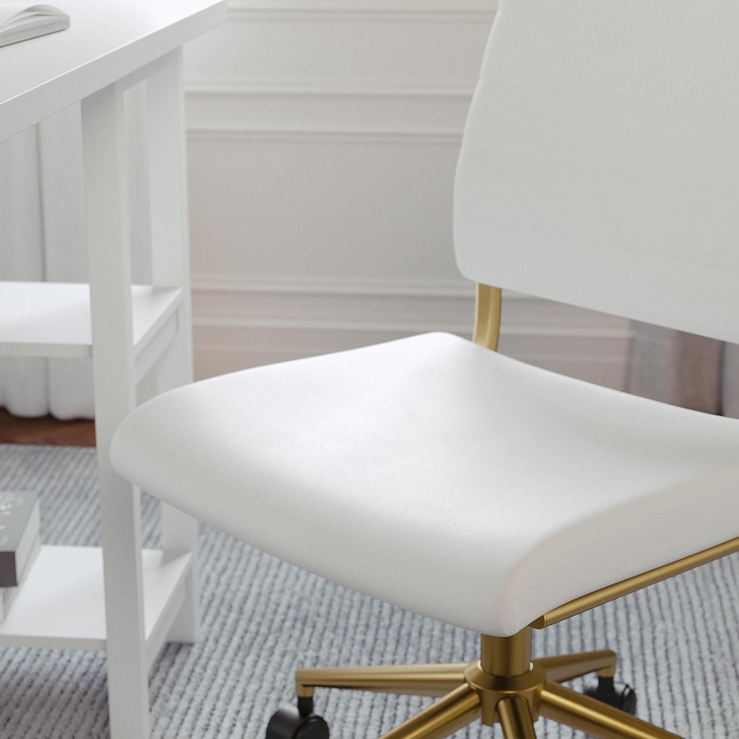 image:imageMartha Stewart Ivy Armless Swivel Task Chair for Home Office in Black Faux Leather with Polished Brass FrameWhite Faux LeatherPolished Brass