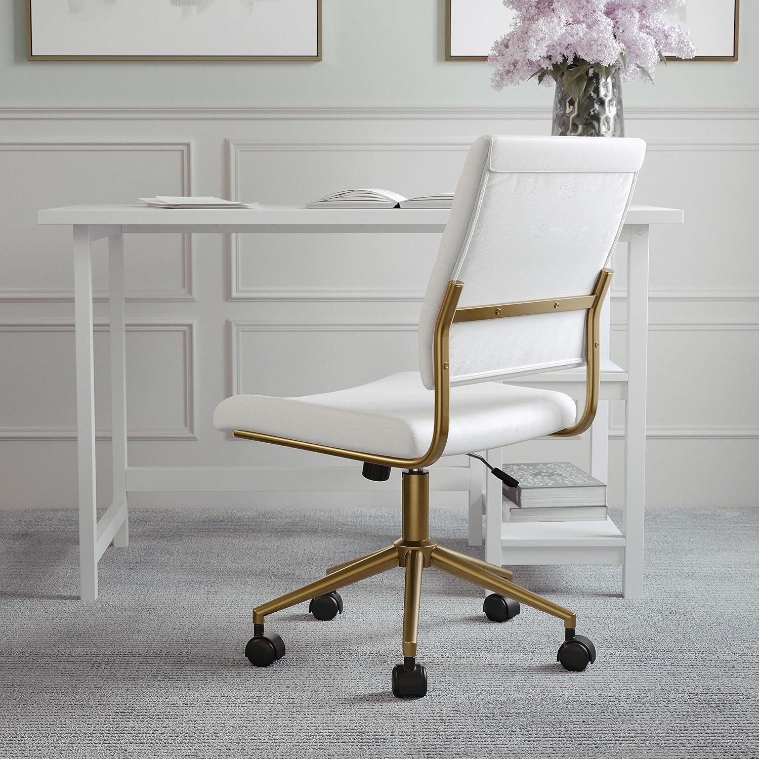 image:imageMartha Stewart Ivy Armless Swivel Task Chair for Home Office in Black Faux Leather with Polished Brass FrameWhite Faux LeatherPolished Brass