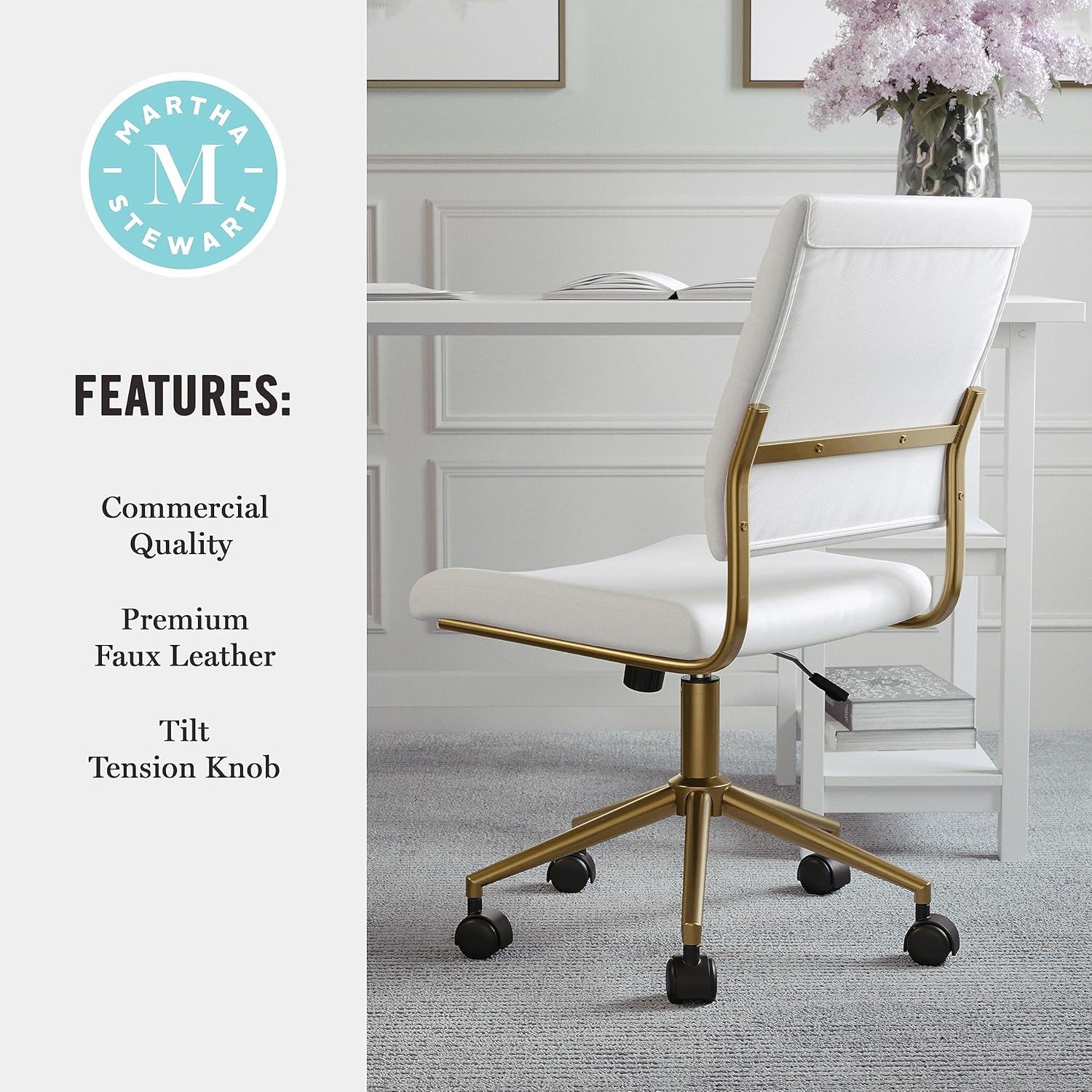 image:imageMartha Stewart Ivy Armless Swivel Task Chair for Home Office in Black Faux Leather with Polished Brass FrameWhite Faux LeatherPolished Brass