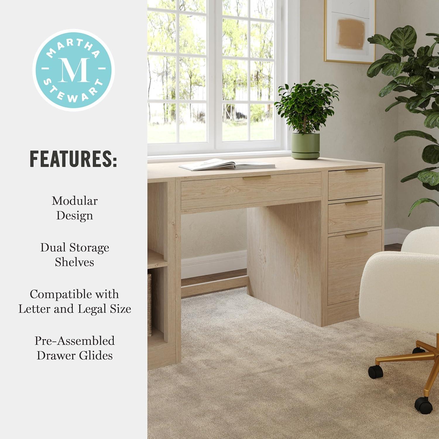 image:imageMartha Stewart Kayden Home Office Modular Desk with Drawer 2 Tier Shelf and File Cabinet in Light Natural with Brushed Gold Hardware