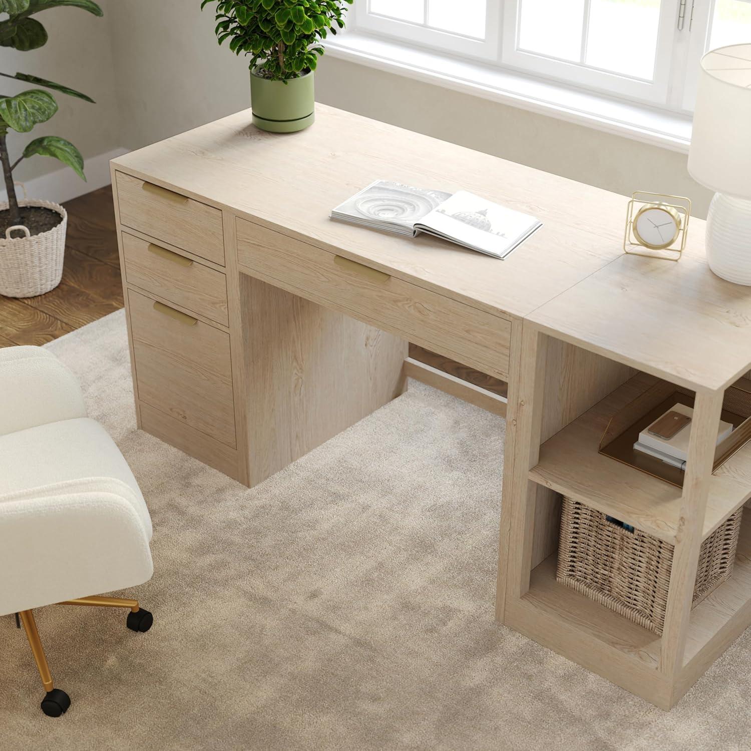 image:imageMartha Stewart Kayden Home Office Modular Desk with Drawer 2 Tier Shelf and File Cabinet in Light Natural with Brushed Gold Hardware