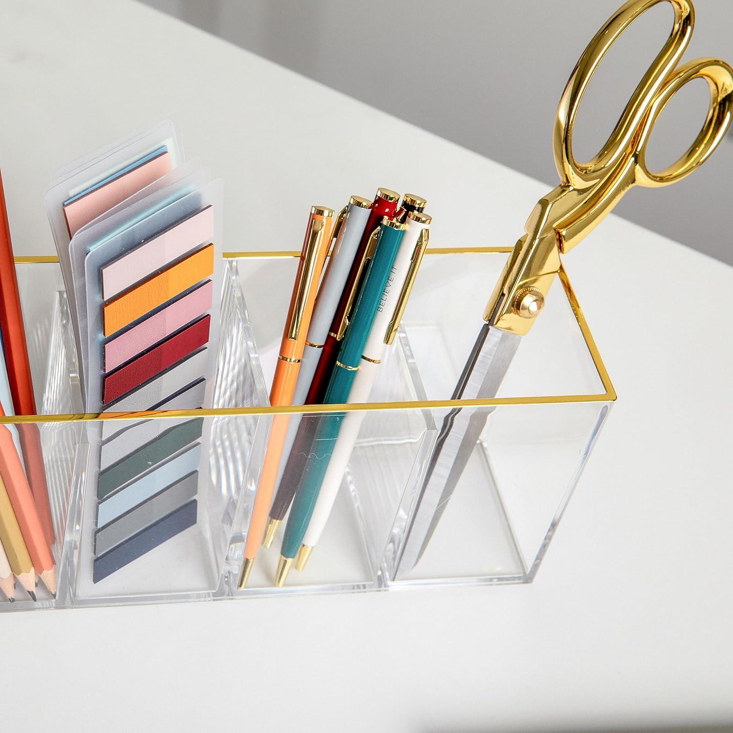 image:imageMartha Stewart Kerry Plastic 4 Compartment Pen Holder Office Desktop Organizer with Gold Trim