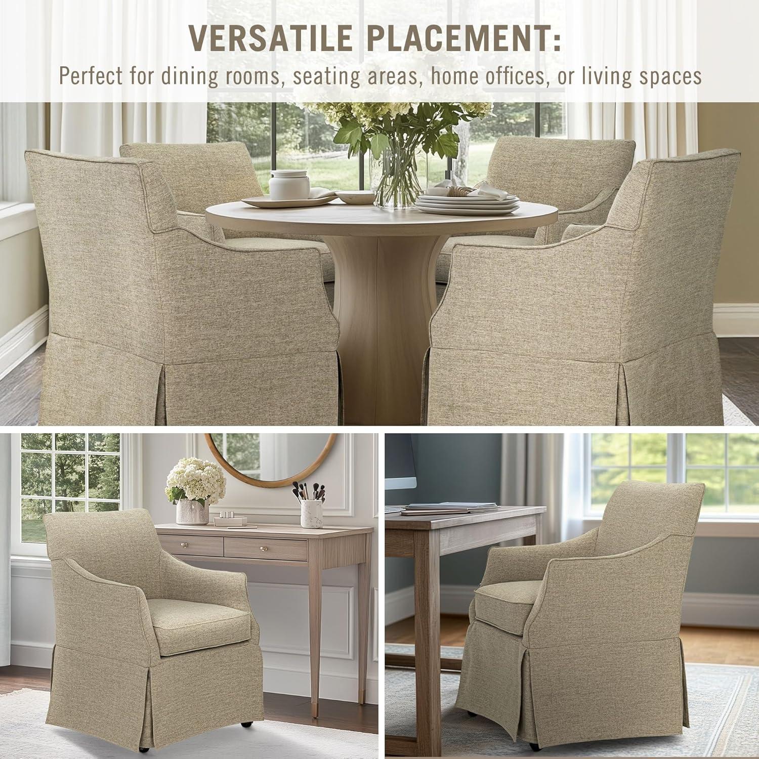 image:imageMartha Stewart London Upholstered Skirted Dining Arm Chair with Casters Curved Back Removable Seat Cushion for Dining Room Home Office or Living Space Light BlueBeige