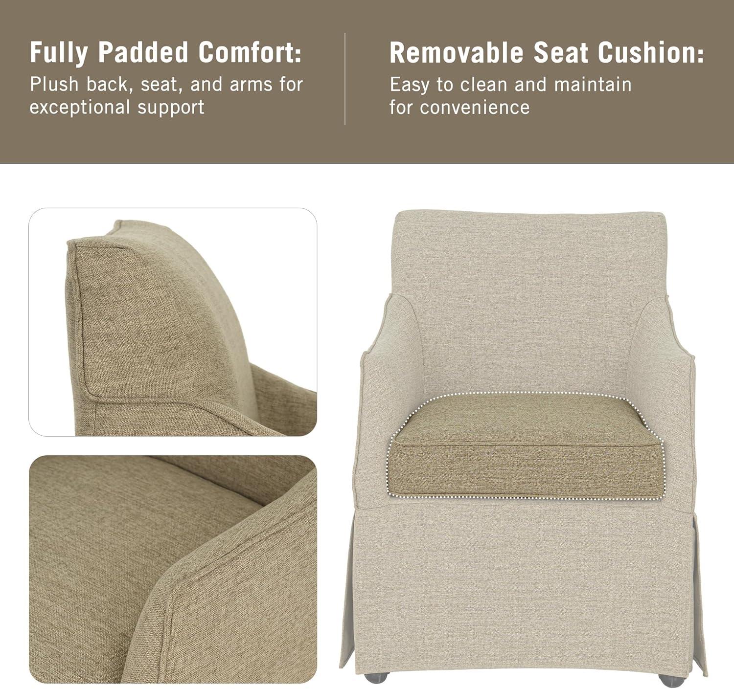 image:imageMartha Stewart London Upholstered Skirted Dining Arm Chair with Casters Curved Back Removable Seat Cushion for Dining Room Home Office or Living Space Light BlueBeige