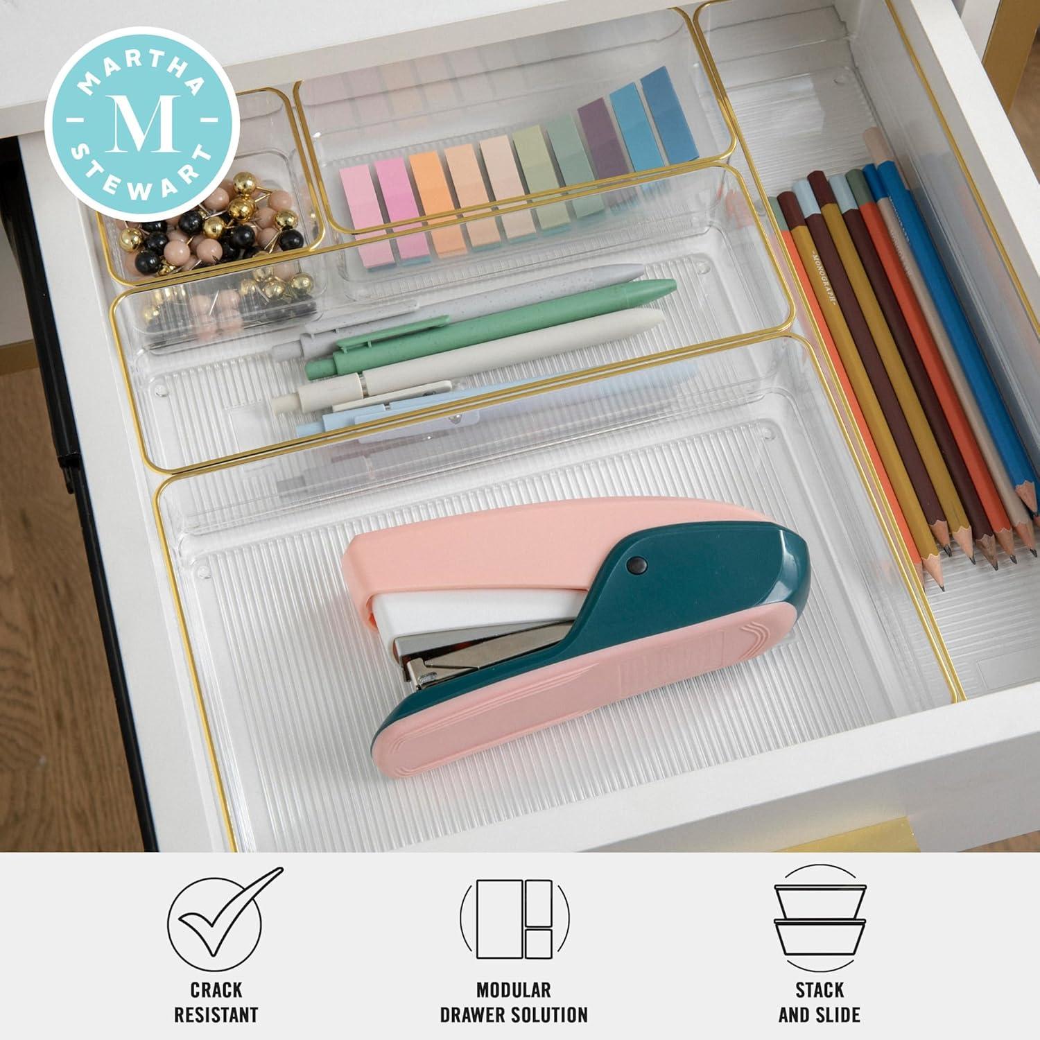 image:imageMartha Stewart Miles Plastic Stackable Office Desk Drawer Organizers Set of 6 ClearClearGold Trim