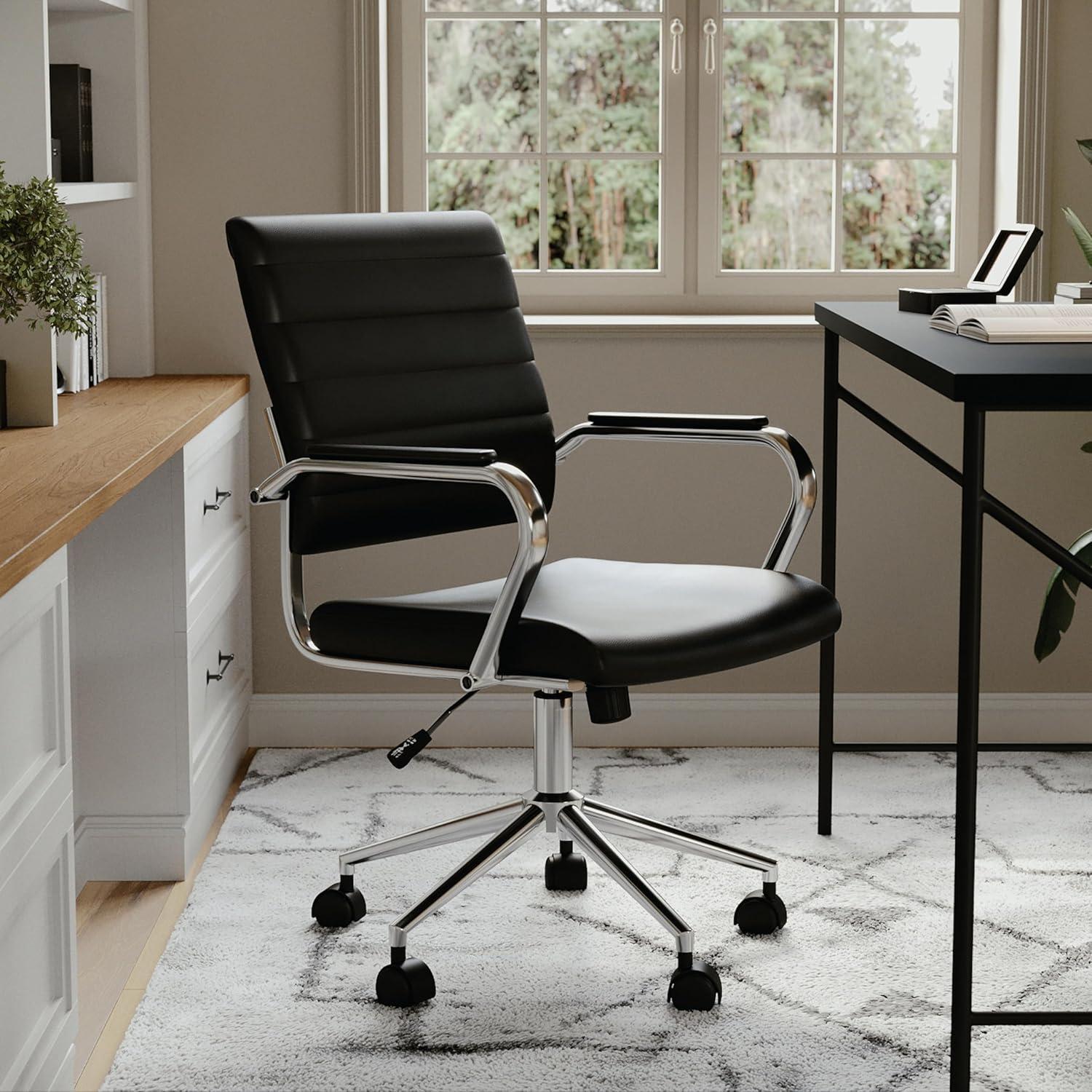 image:imageMartha Stewart Piper Swivel Task Chair with Armrests for Home Office in Saddle Brown Faux Leather with Polished Nickel FrameBlack Faux LeatherPolished Nickel