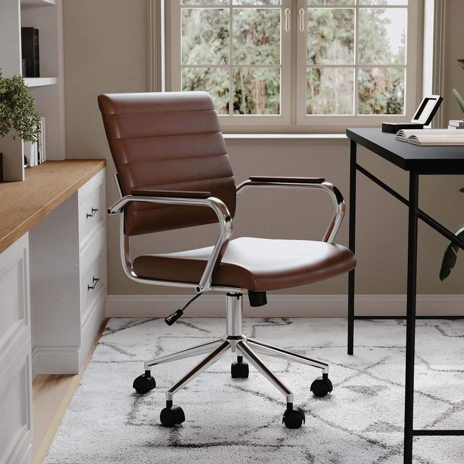 image:imageMartha Stewart Piper Swivel Task Chair with Armrests for Home Office in Saddle Brown Faux Leather with Polished Nickel FrameSaddle Brown Faux LeatherPolished Nickel