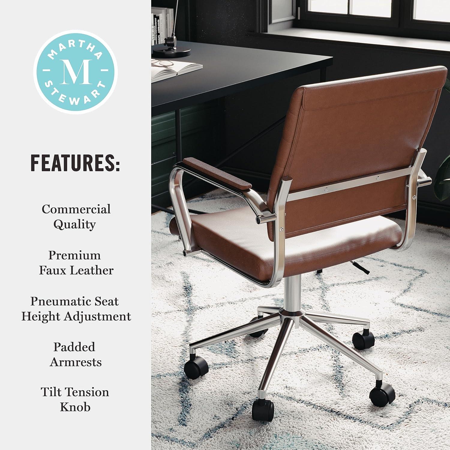 image:imageMartha Stewart Piper Swivel Task Chair with Armrests for Home Office in Saddle Brown Faux Leather with Polished Nickel FrameSaddle Brown Faux LeatherPolished Nickel