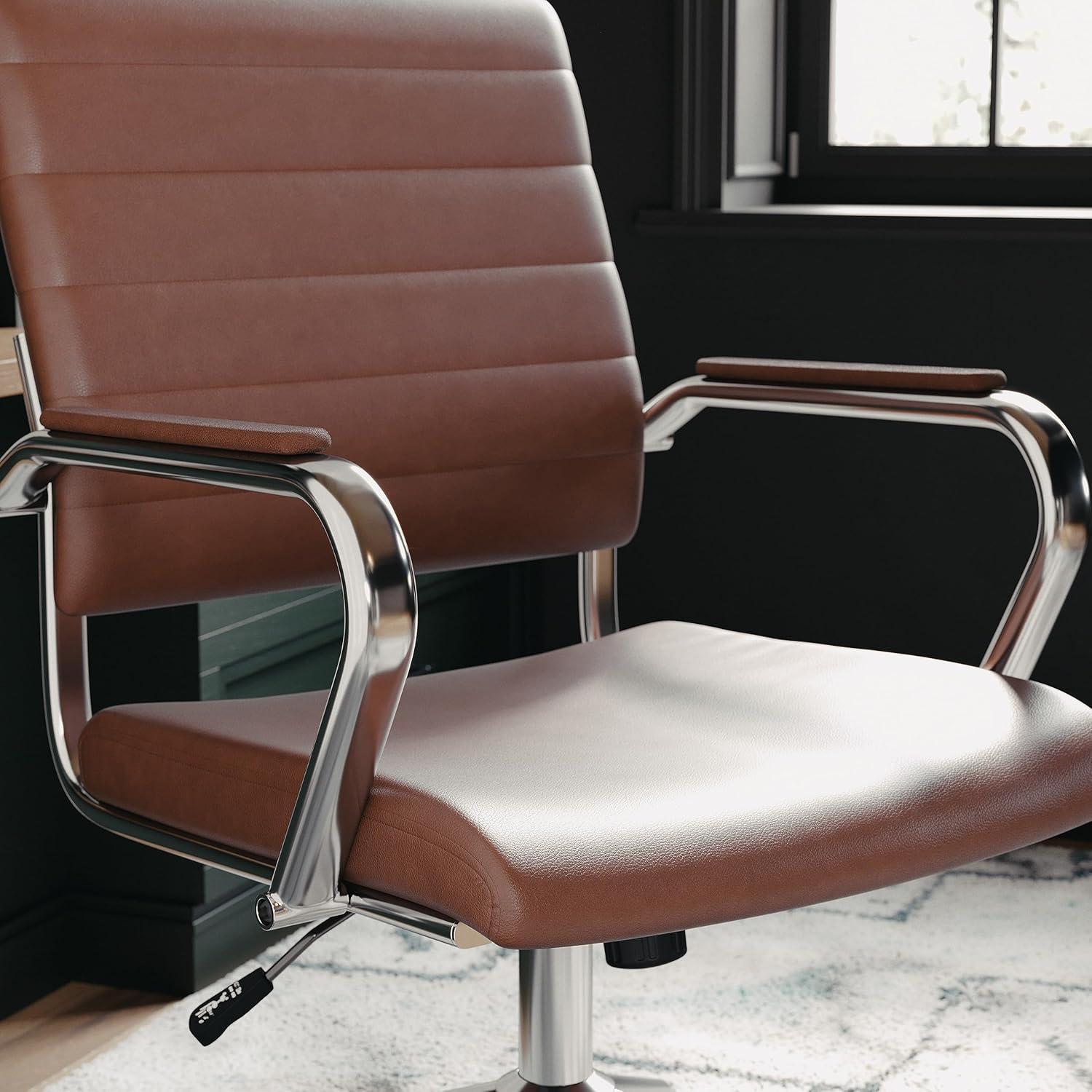 image:imageMartha Stewart Piper Swivel Task Chair with Armrests for Home Office in Saddle Brown Faux Leather with Polished Nickel FrameSaddle Brown Faux LeatherPolished Nickel