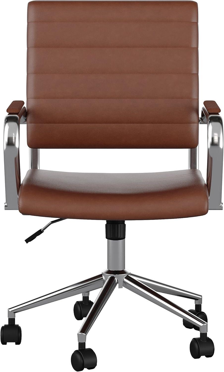 image:imageMartha Stewart Piper Swivel Task Chair with Armrests for Home Office in Saddle Brown Faux Leather with Polished Nickel FrameSaddle Brown Faux LeatherPolished Nickel