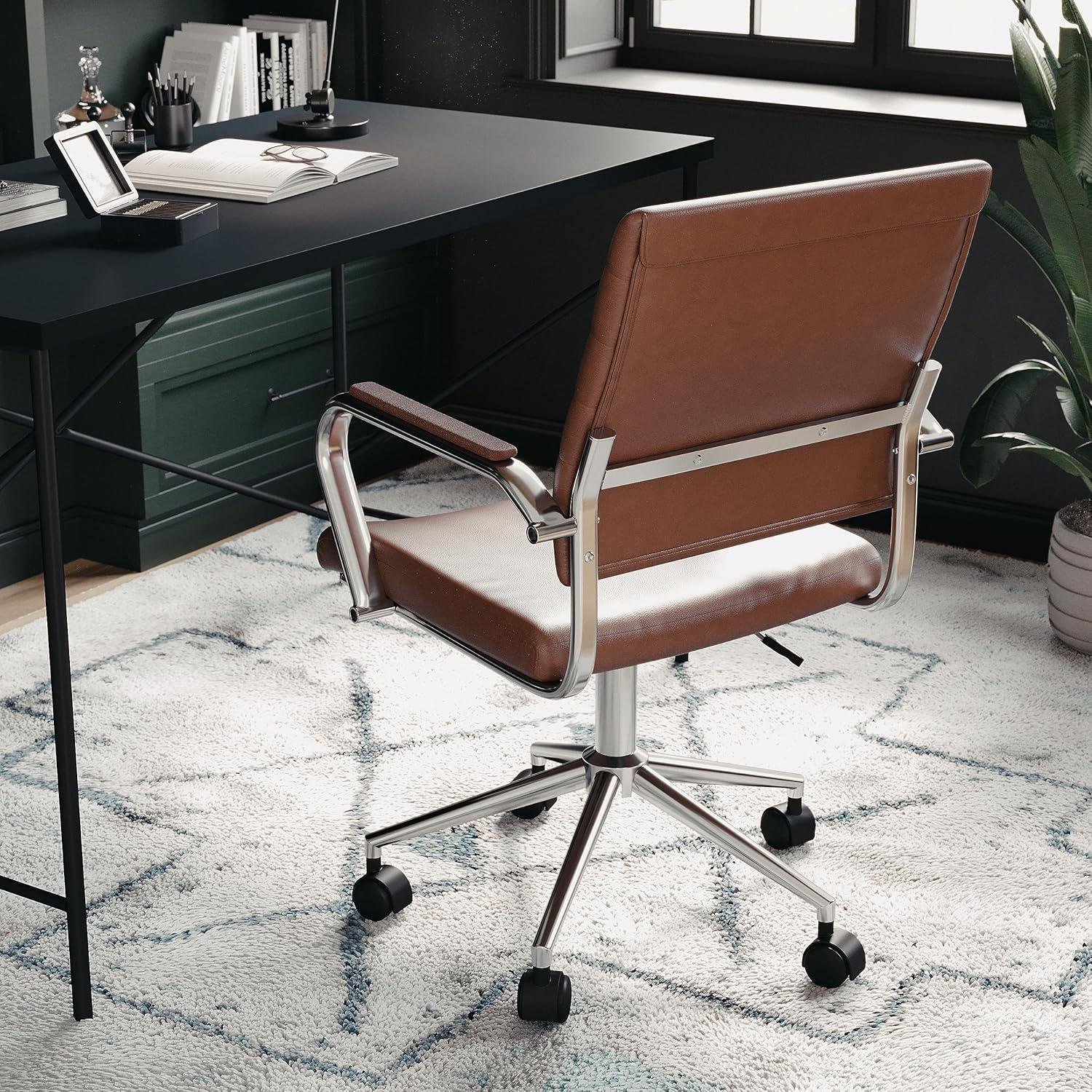 image:imageMartha Stewart Piper Swivel Task Chair with Armrests for Home Office in Saddle Brown Faux Leather with Polished Nickel FrameSaddle Brown Faux LeatherPolished Nickel