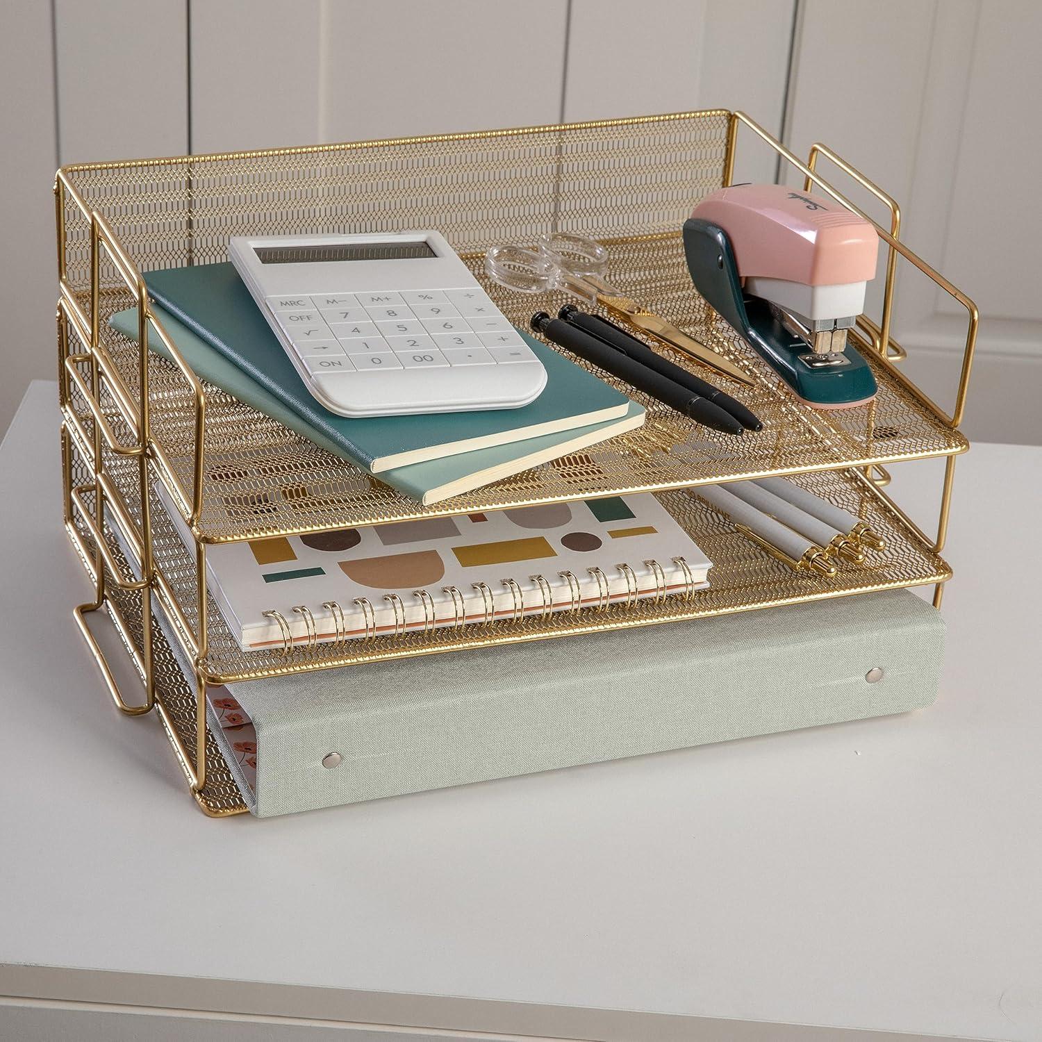 image:imageMartha Stewart Ryder 3 Tier Desk Letter Tray Organizer Stackable Steel Mesh Inbox Tray for Files Papers or Letters Gold