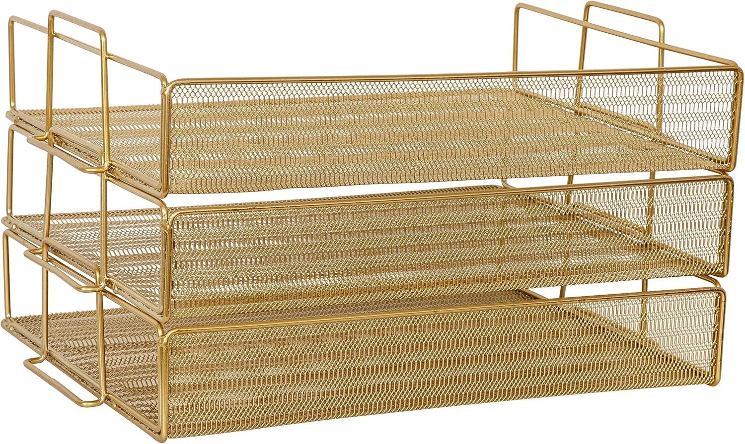 image:imageMartha Stewart Ryder 3 Tier Desk Letter Tray Organizer Stackable Steel Mesh Inbox Tray for Files Papers or Letters Gold