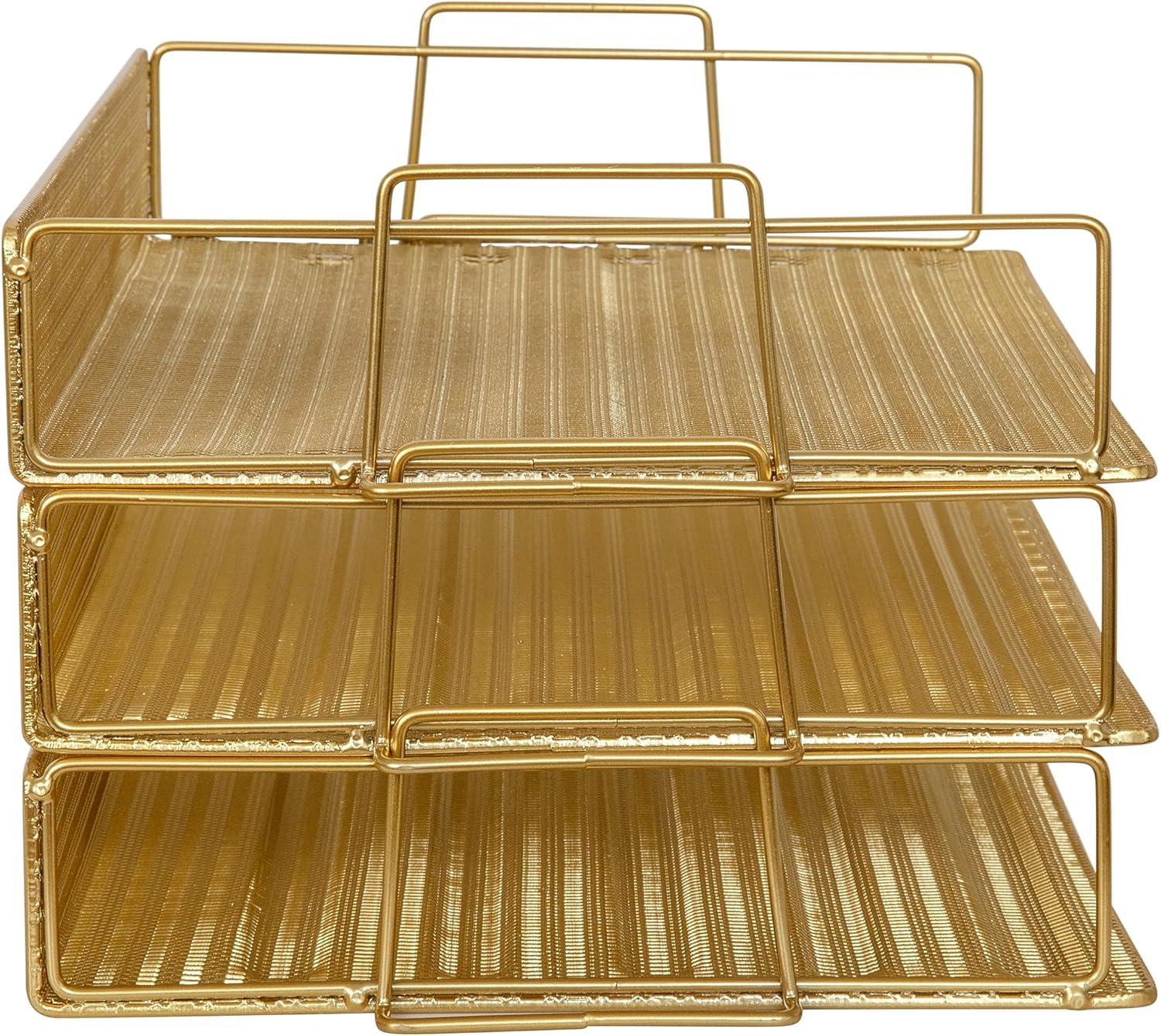 image:imageMartha Stewart Ryder 3 Tier Desk Letter Tray Organizer Stackable Steel Mesh Inbox Tray for Files Papers or Letters Gold