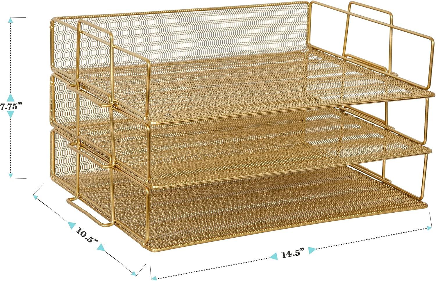 image:imageMartha Stewart Ryder 3 Tier Desk Letter Tray Organizer Stackable Steel Mesh Inbox Tray for Files Papers or Letters Gold
