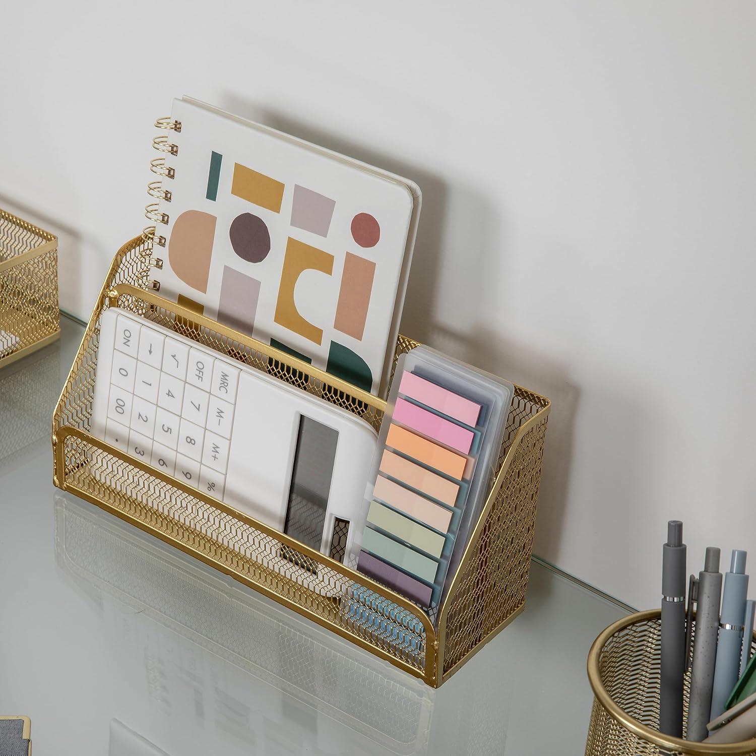image:imageMartha Stewart Ryder Gold Mesh Metal 6 Piece Set Desktop Organizers and Accessories Holds Files Magazines Letters Pens Sticky Notes and Business Cards