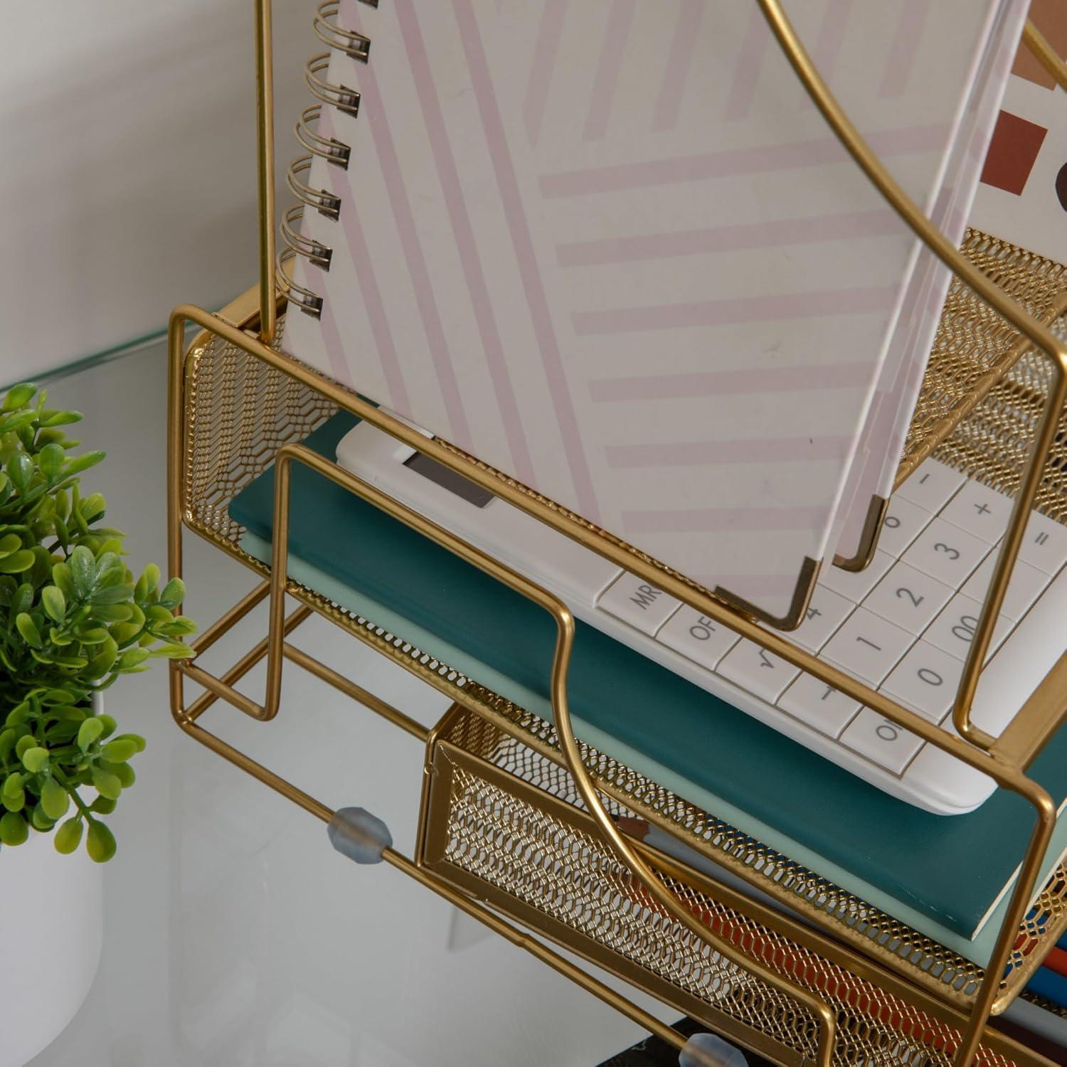 image:imageMartha Stewart Ryder Gold Mesh Metal Large Desktop Organizer With Paper File Letter Holder Organizer and Drawer
